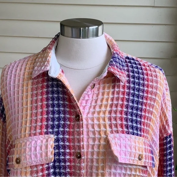 Urban Outfitters BDG S Rainbow Waffle Texture Button Up Shirt Jacket Oversized - Picture 6 of 10